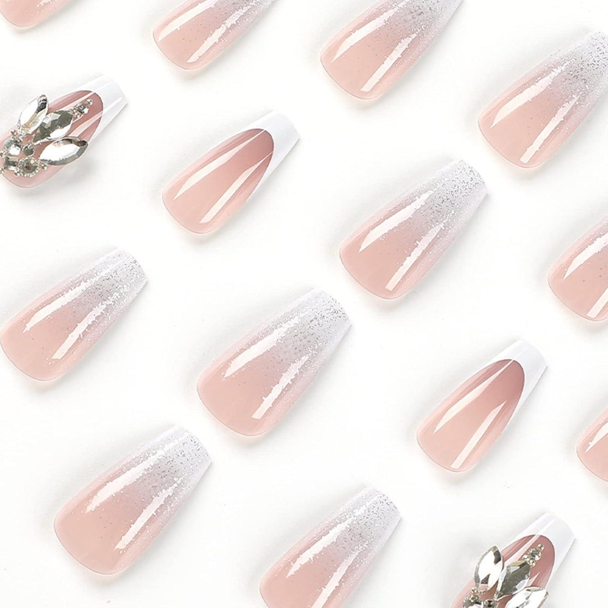 24 Stück Press on Nägel Künstliche Nägel Strass Weiß Rosa French Acryl