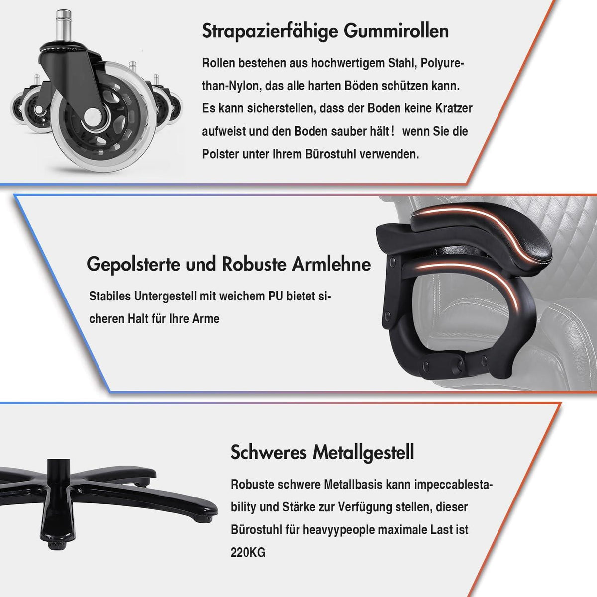 Großer Bürostuhl 200kg Belastbarkeit Leder schwarz ergonomisch