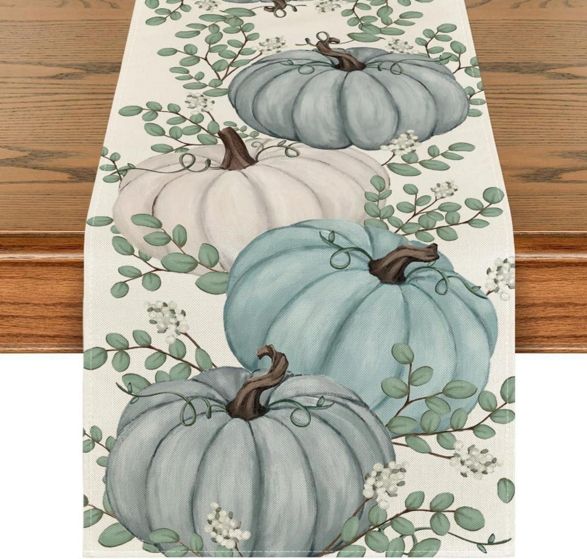 Herbst Tischläufer Blau Kürbisse Eukalyptus 40x300 cm