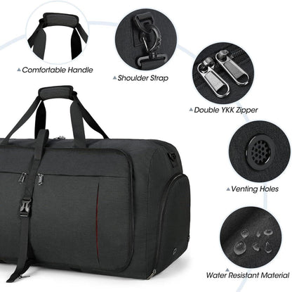 Faltbare Reisetasche 80L Sporttasche Schwarz mit Schuhfach
