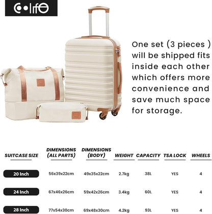 COOLIFE Trolley Koffer Reisekoffer Mittelgroß ABS 3tlg Blau/Braun TSA Spinner