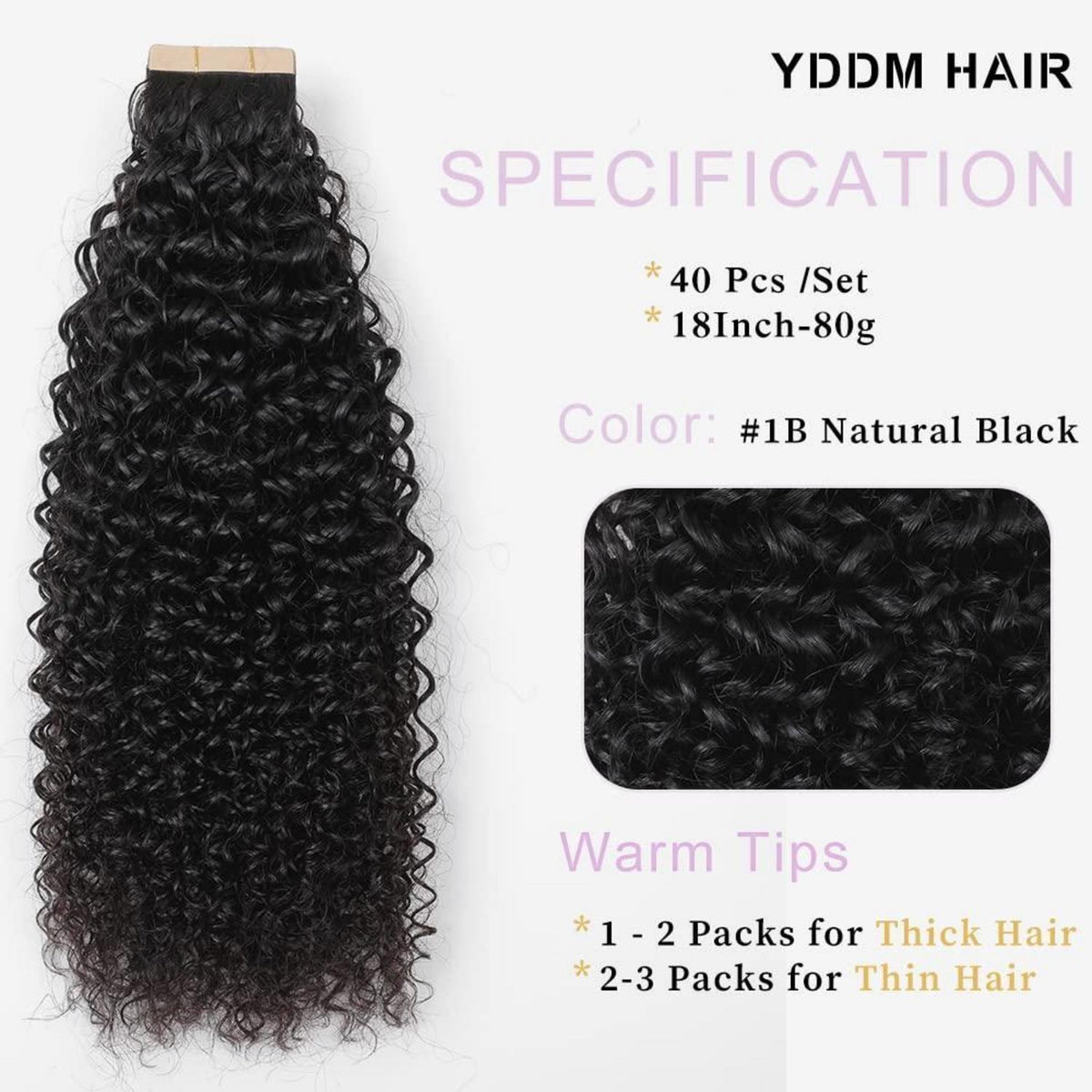 Echthaar Tape Extensions Schwarz Kinky Curly 18 Zoll