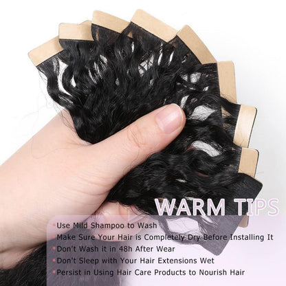 Echthaar Tape Extensions Schwarz Kinky Straight 20 Zoll