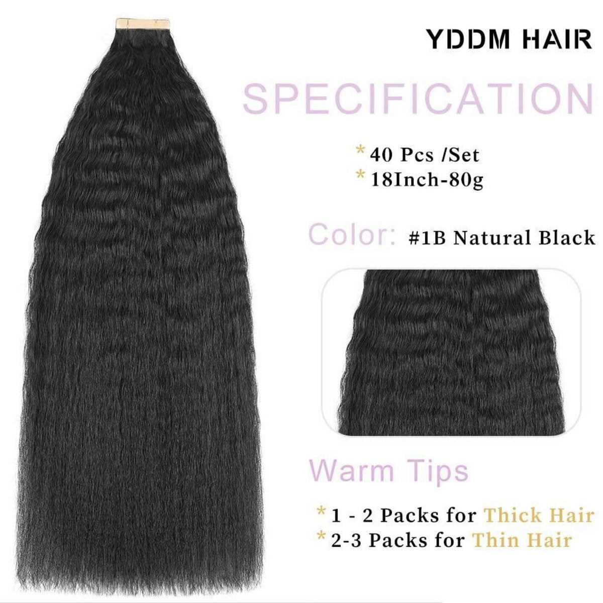 18 Zoll Echthaar Tape Extensions Schwarz Kinky Straight