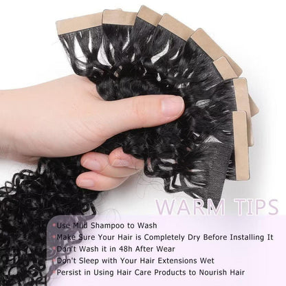 Echthaar Tape Extensions Schwarz Kinky Curly 22 Zoll