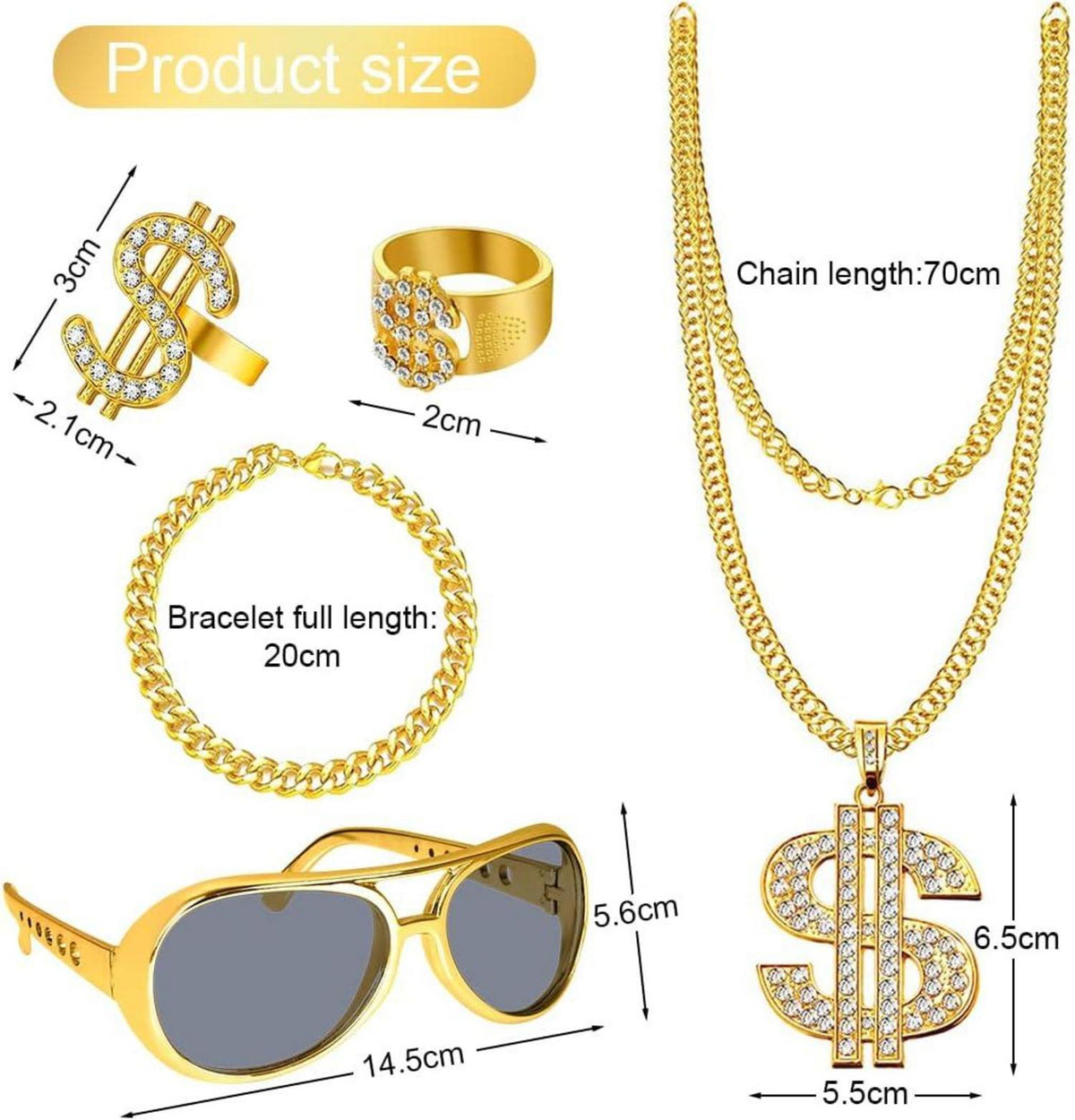 Hip-Hop Kostüm Set Rapper Accessoires Goldkette Sonnenbrille