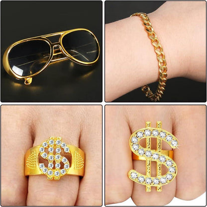 Hip Hop Rapper Kostüm Set Goldkette Sonnenbrille - Herren Cosplay Karneval Halloween