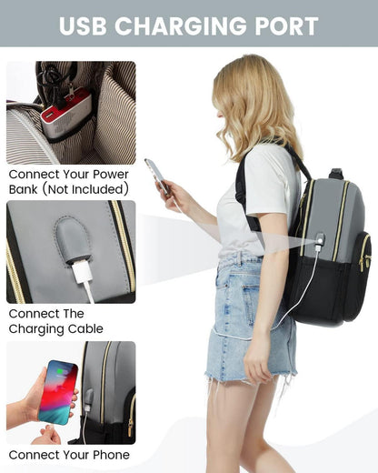 Damen Laptoprucksack 15.6 Zoll USB Ladeanschluss Grau Elegant