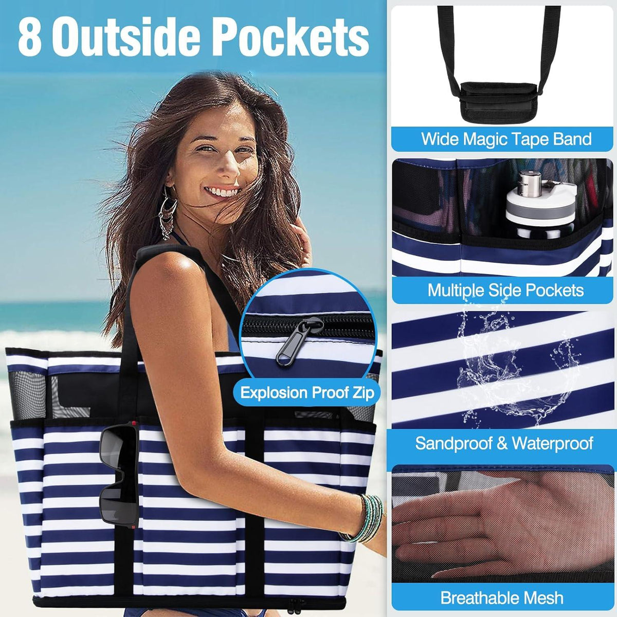 Große Strandtasche XXL Wasserdicht Familien Badetasche Streifen Reisen