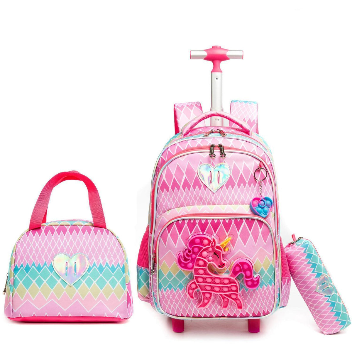 Rollrucksack Schulranzen Einhorn 3in1 mit Lunch Bag & Mäppchen