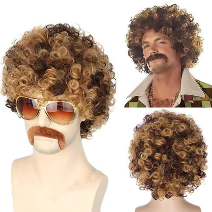 70er Jahre Disco Perücke mit Schnurrbart & Kette – Afro Perücke Blond/Schwarz
