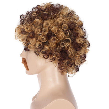 70er Jahre Disco Perücke mit Schnurrbart & Kette – Afro Perücke Blond/Schwarz