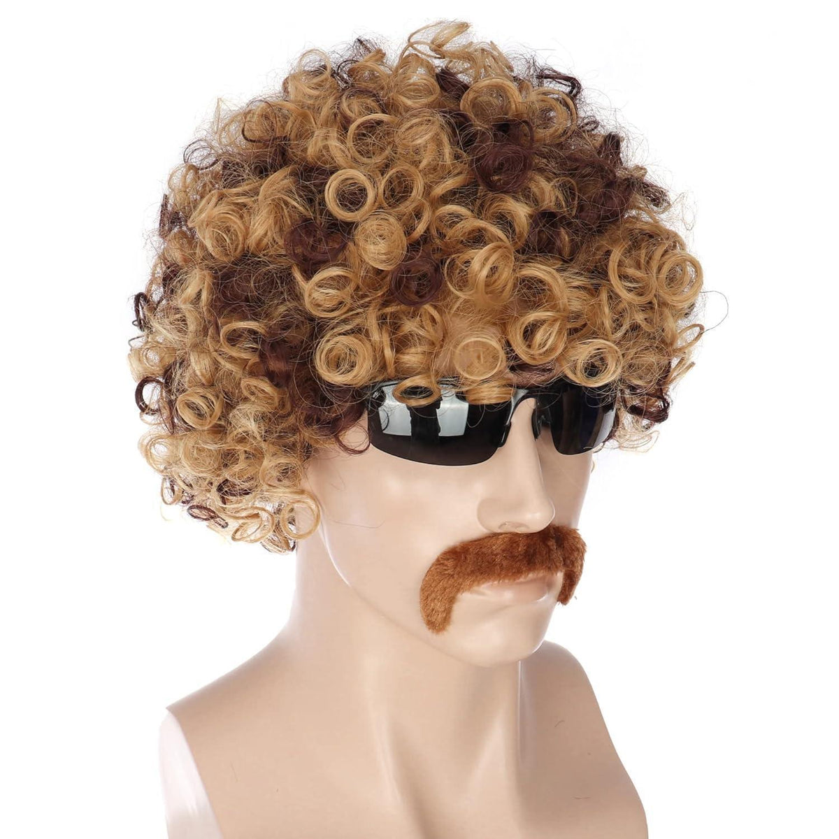70er Jahre Disco Perücke mit Schnurrbart & Kette – Afro Perücke Blond/Schwarz