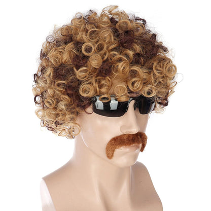 70er Jahre Disco Perücke mit Schnurrbart & Kette – Afro Perücke Blond/Schwarz