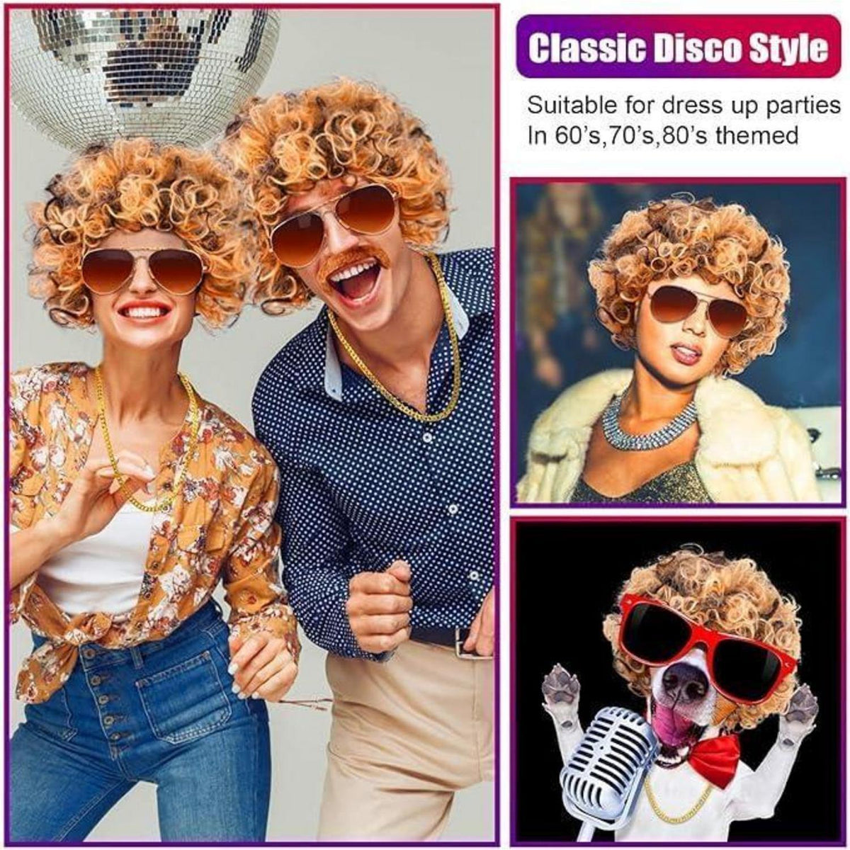 70er Jahre Disco Perücke mit Schnurrbart & Kette – Afro Perücke Blond/Schwarz