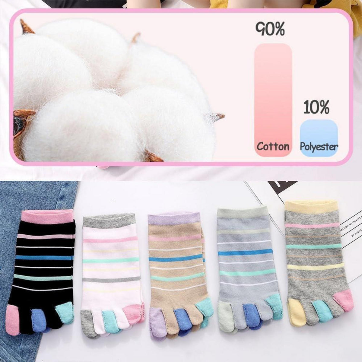 Damen Zehensocken 5er-Set Baumwolle – Bunte Muster & Einheitsgröße 35-40