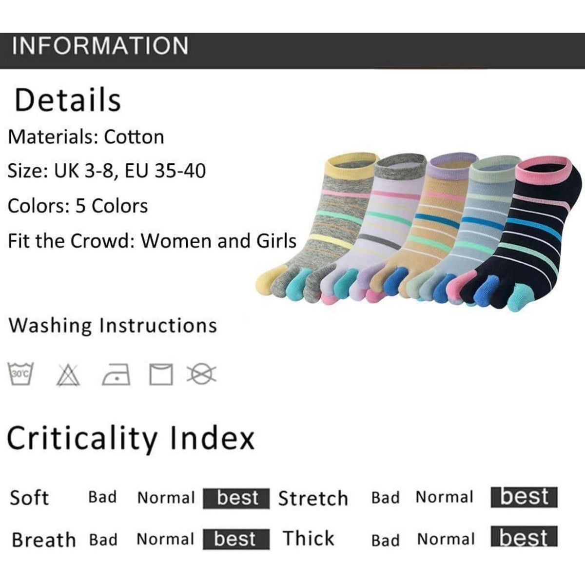 Damen Zehensocken 5er-Set Baumwolle – Bunte Muster & Einheitsgröße 35-40