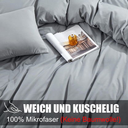 Bettwäsche Set 155x220 4tlg Grau Mikrofaser Weich Reißverschluss