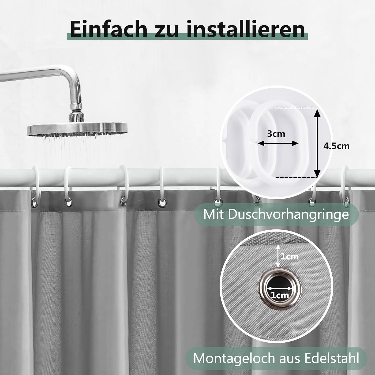 Duschvorhang 180x200 cm Grau Anti-schimmel Wasserdicht Antibakteriell BaBadewannenvorhang