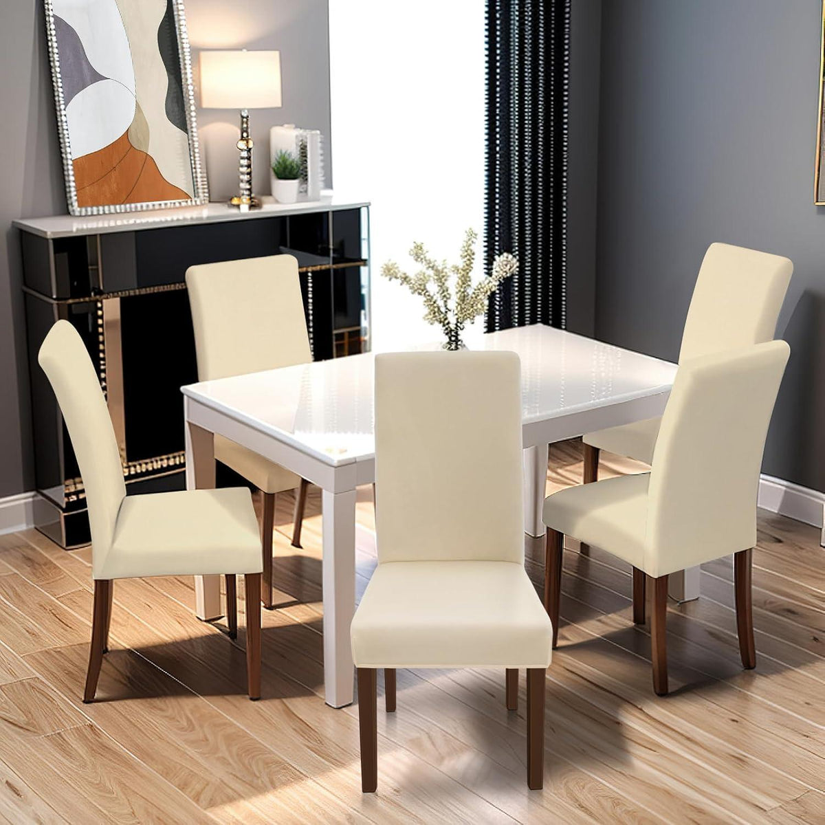 Stretch Stuhlhussen 4er Set – Beige | Abnehmbar & Waschbar