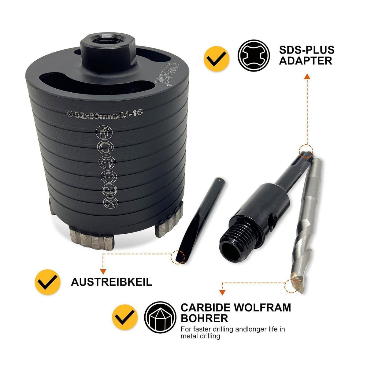 Diamantbohrkrone 82mm für Steckdosen mit SDS-Plus Adapter