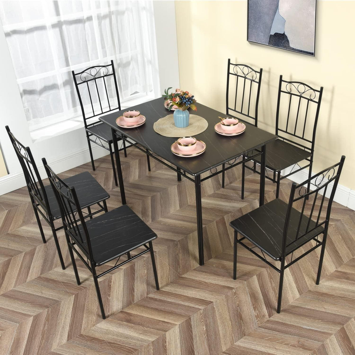 Moderner Esstisch Set mit 4 Stühlen – Schwarz Marmoriert