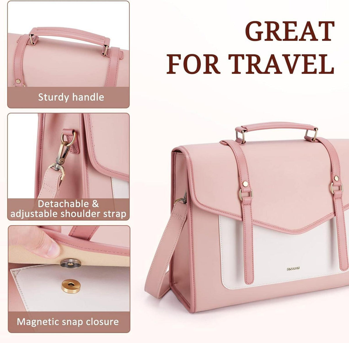 ECOSUSI Laptop Handtasche Damen 15,6 Zoll PU-Leder Rosa
