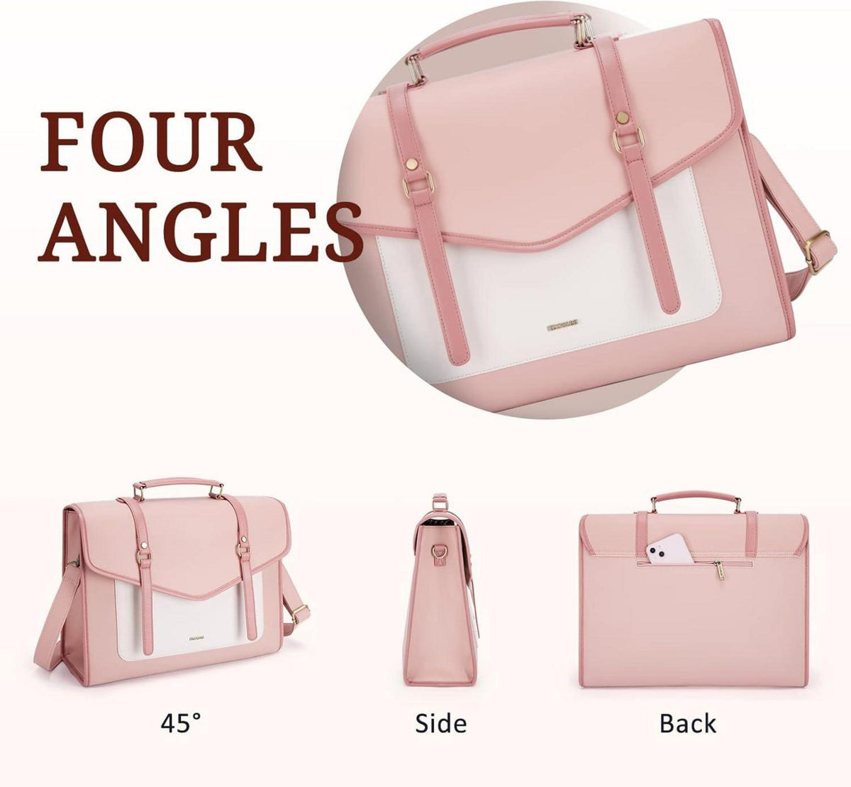 Laptop Handtasche Damen 15,6 Zoll PU-Leder Umhängetasche Rosa