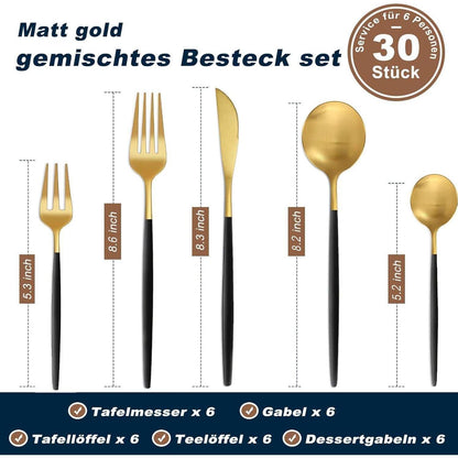 Besteckset 30 Teile für 6 Personen Schwarz Gold Matt Edelstahl