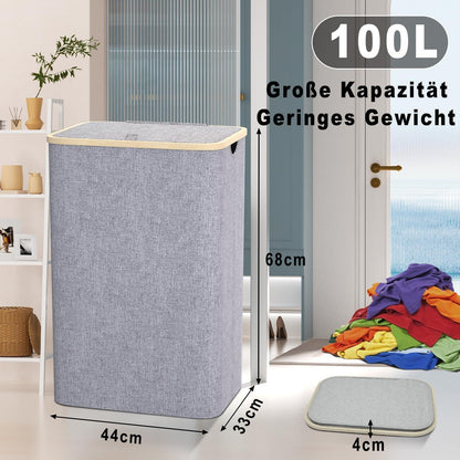 Schmaler Wäschekorb 100L mit Bambusdeckel & Wäschesack