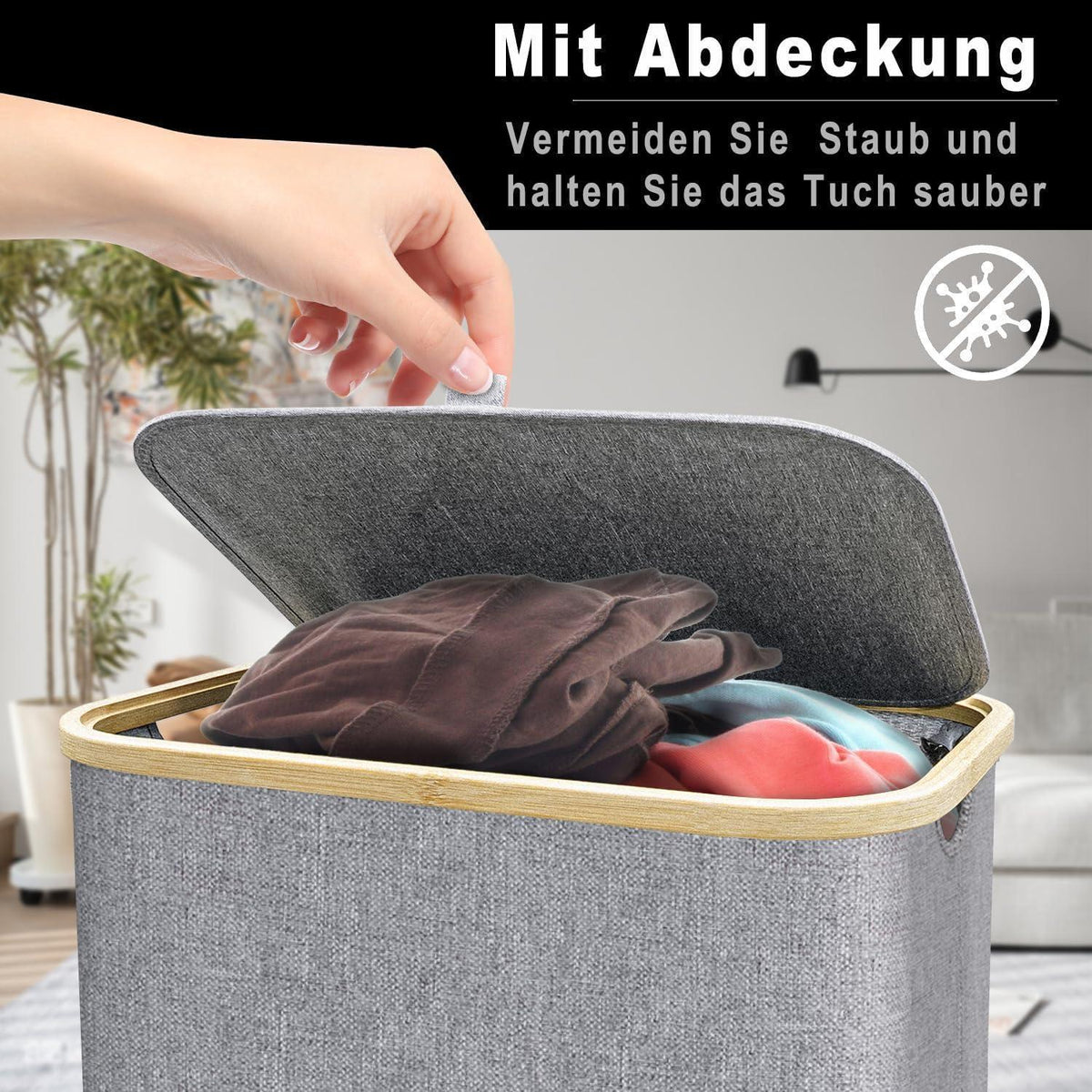 Schmaler Wäschekorb 100L mit Bambusdeckel & Wäschesack