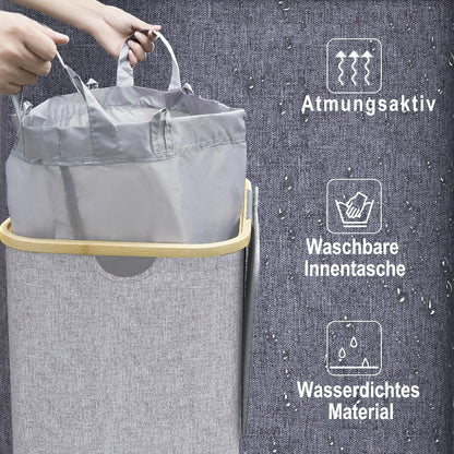 Schmaler Wäschekorb 100L mit Bambusdeckel & Wäschesack