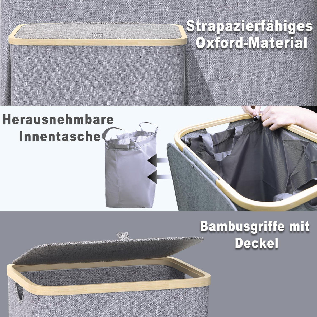 Schmaler Wäschekorb 100L mit Bambusdeckel & Wäschesack
