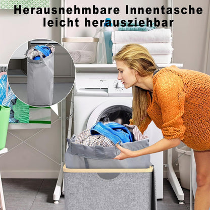 Schmaler Wäschekorb 100L mit Bambusdeckel & Wäschesack