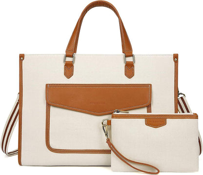 Laptoptasche Damen 15,6 Zoll Business Canvas Aktentasche Beige