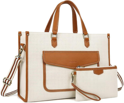 Laptoptasche 15,6 Zoll Damen Handtasche Canvas Schwarz Beige