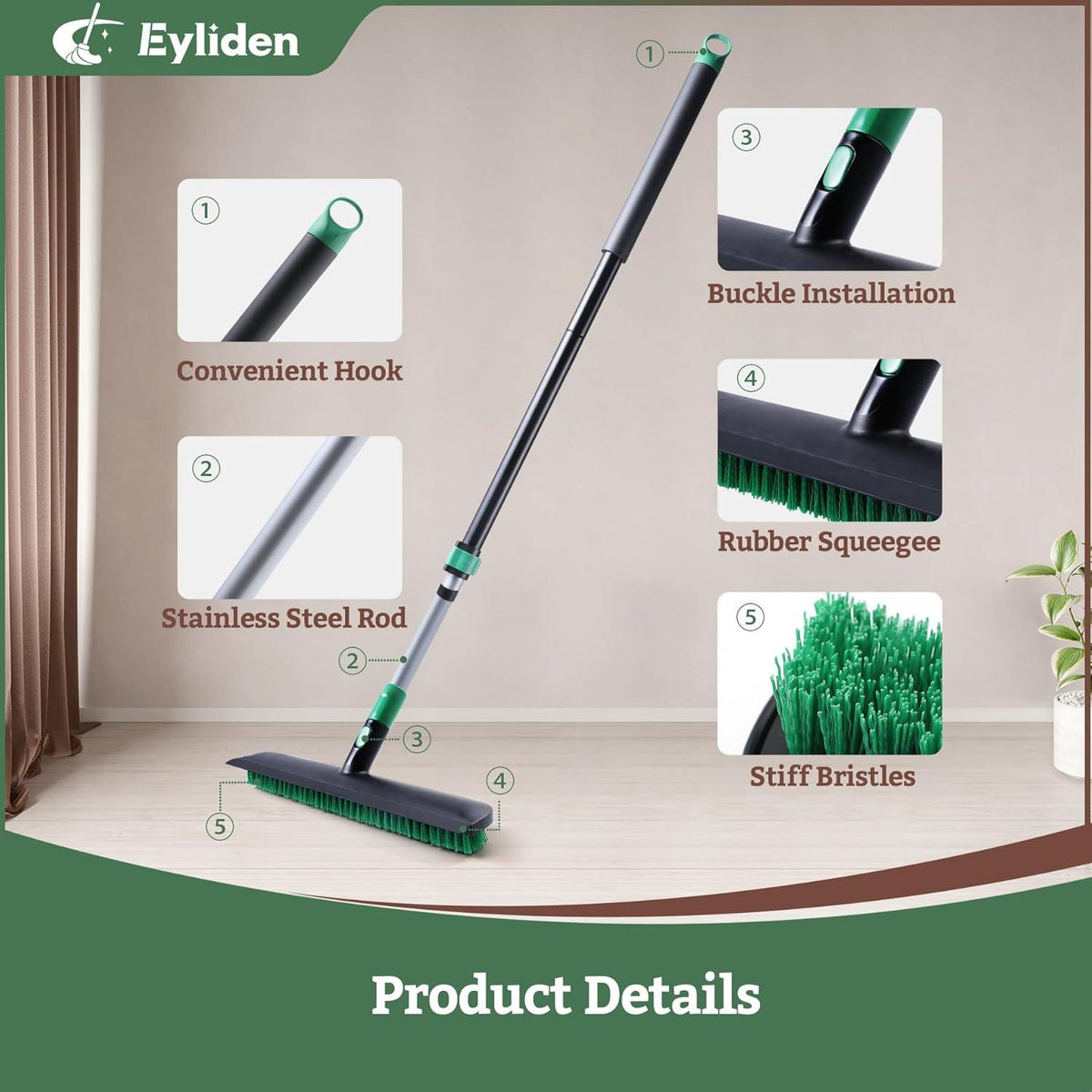Eyliden Bodenschrubber mit Stiel, 2-in-1 Bodenbürste 140 cm Teleskopgriff