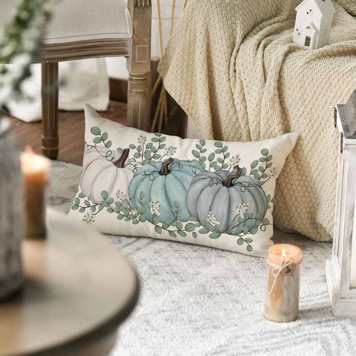 Blauer Herbst Kürbis Deko Kissenbezug 30x50 cm für Sofa & Wohnzimmer