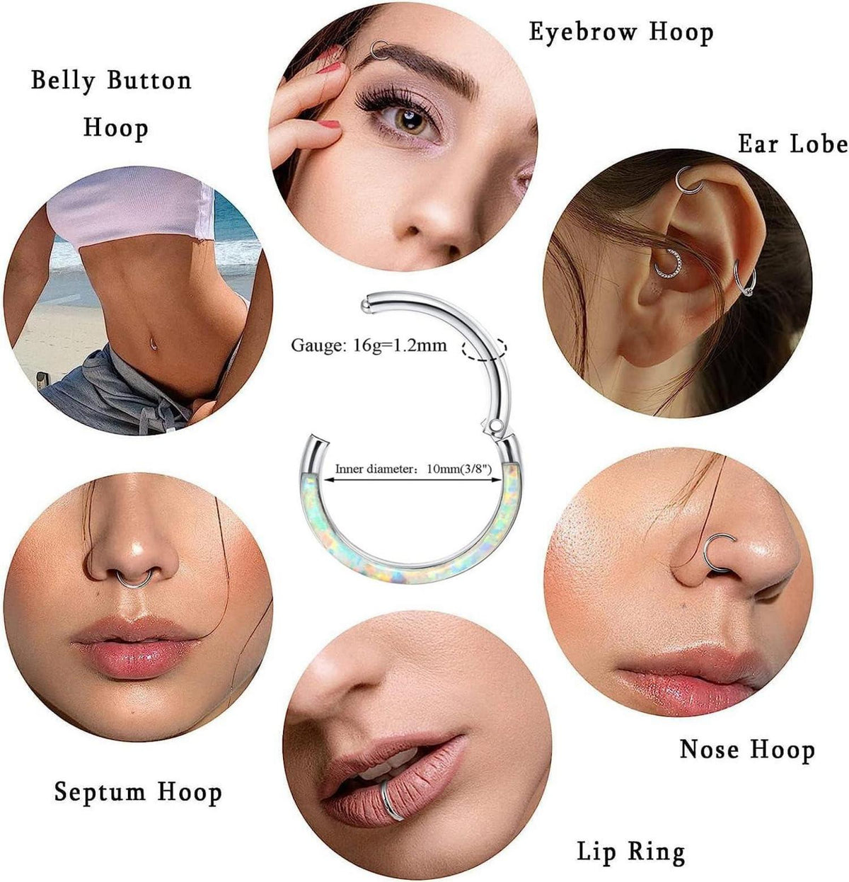 Nasenpiercing Set Chirurgenstahl Damen Helix Septum Hoop Tragus Opal CZ Ohr 9PCS