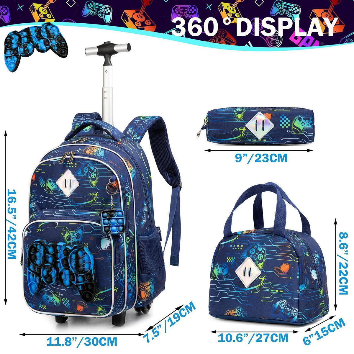 Rollender Rucksack Set für Mädchen 6-8 – Koffer, Lunchbox & Federtasche Orange