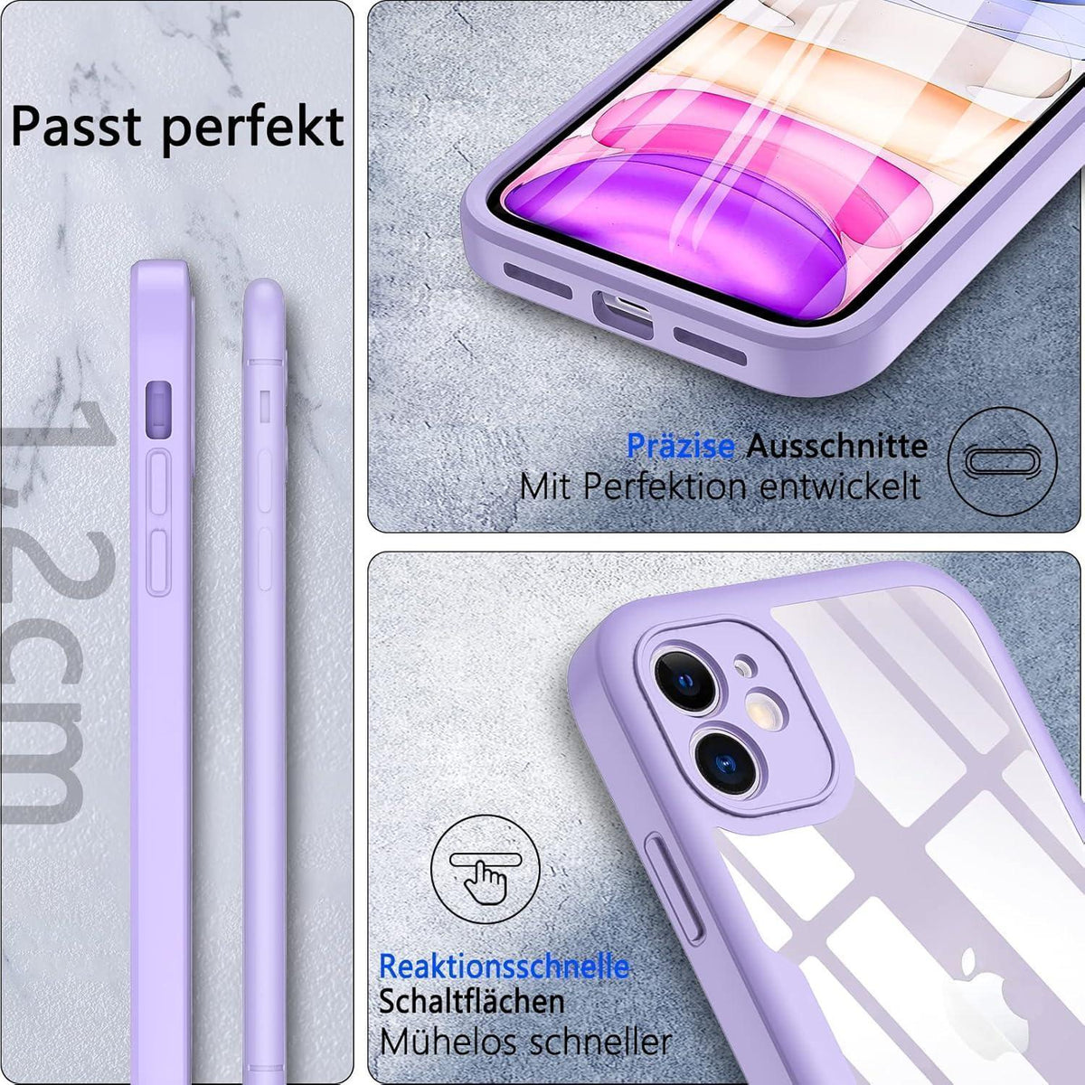 iPhone 11 Hülle mit Displayschutz, 360° Schutz, Helles Lila