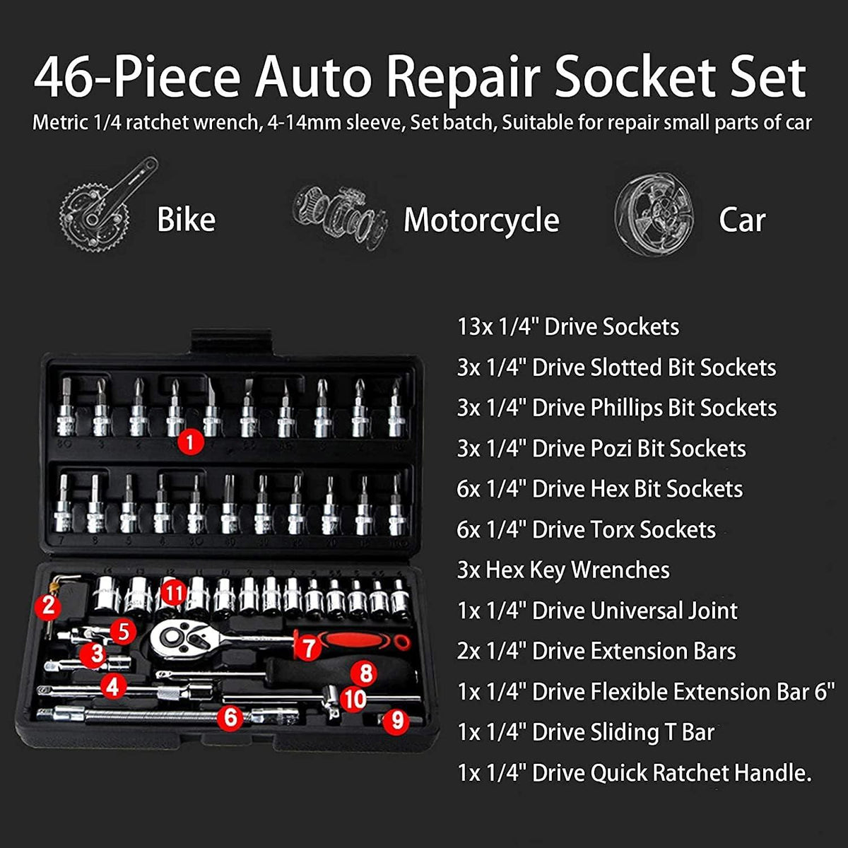 46-teiliger Ratschenkasten Set für Autos und Zuhause 1/4