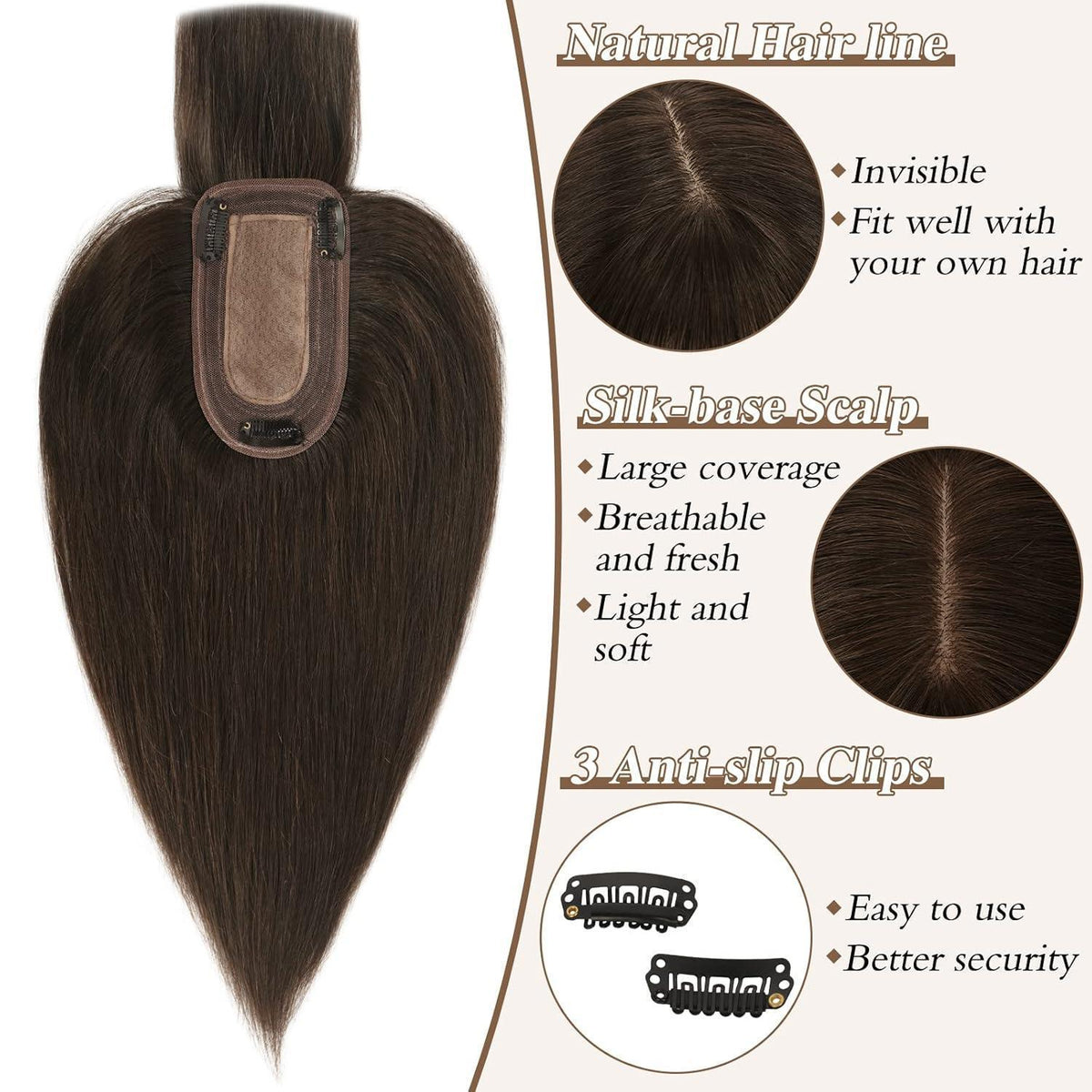 Echthaar Topper mit Pony – Dunkelbraun, 35cm