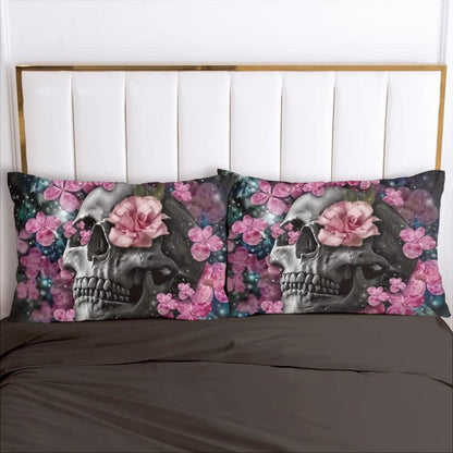 Gothic Bettwäsche Set Totenkopf Blumen 135x200 cm 4-teilig