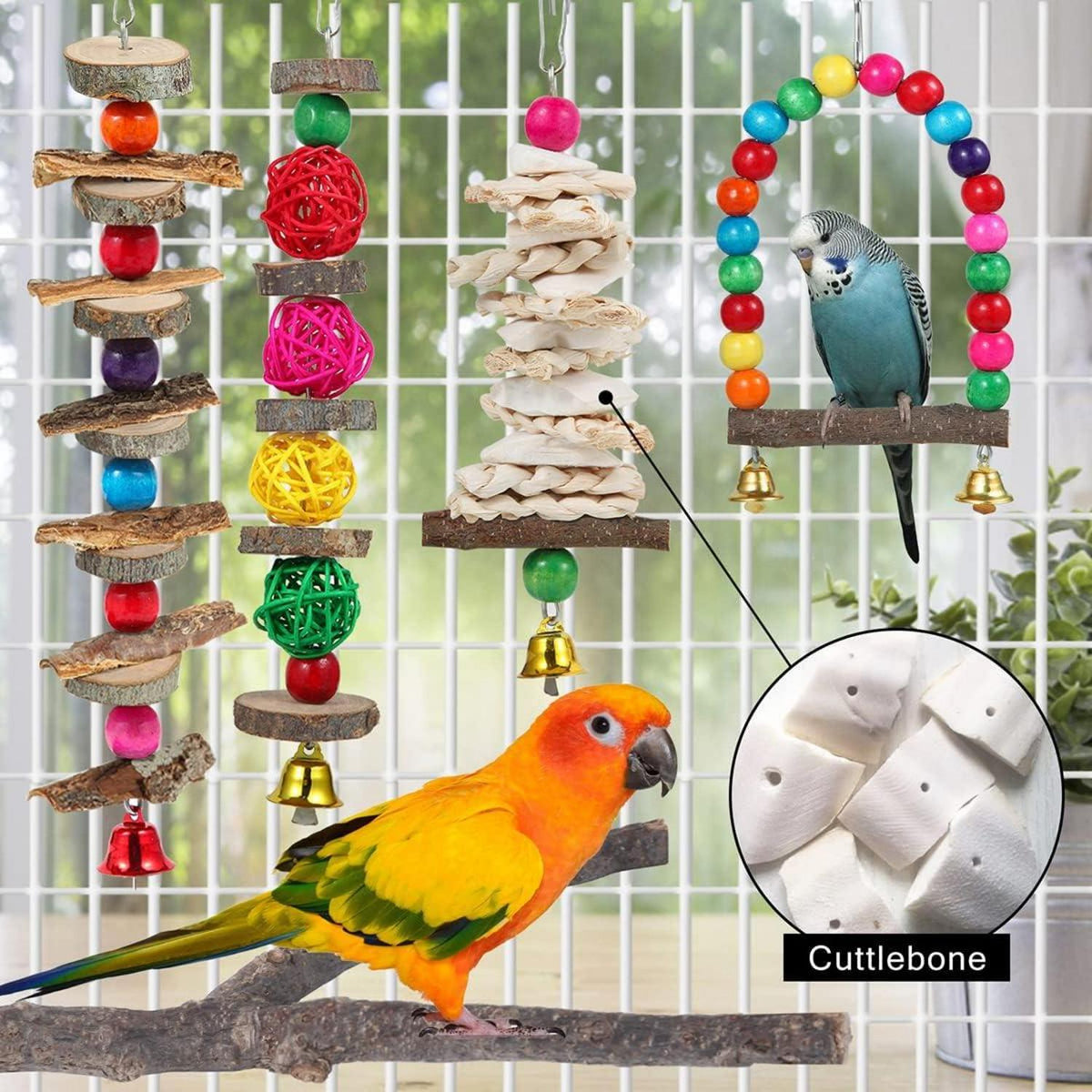 Vogelsitzstange und Spielzeug Set, 6-teilig, Naturholz, für Papageien und Sittiche