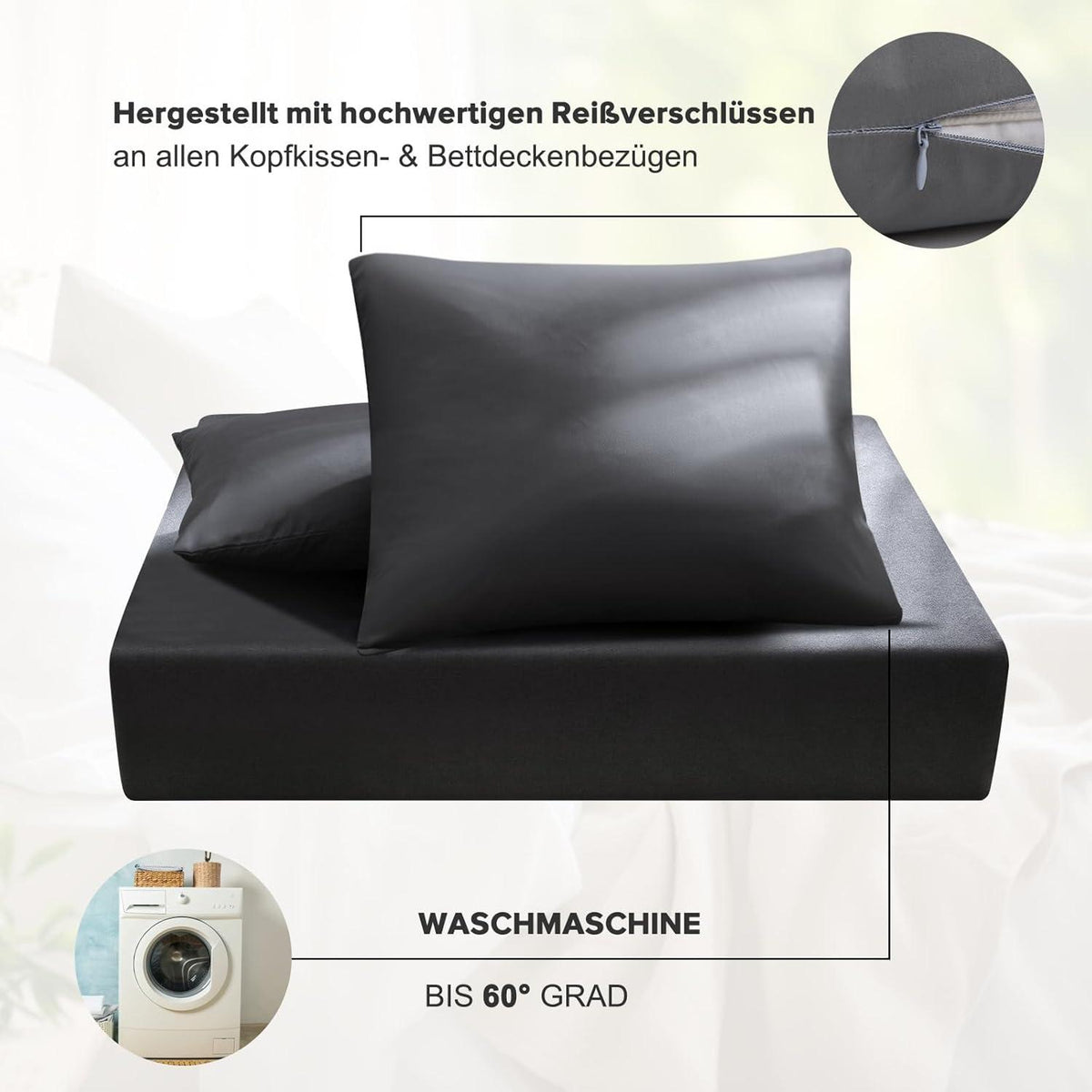 ohano Bettwäsche 200x200 cm + 2 Kissenbezug 80x80 cm Ganzjahres Anthrazit