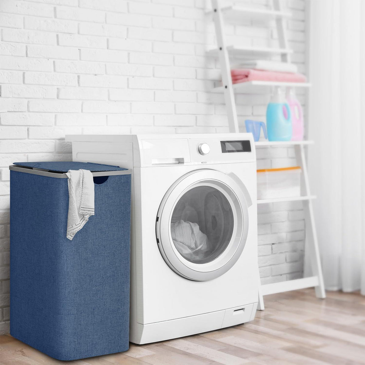 Schmaler Wäschekorb 100L mit Bambusdeckel & Wäschesack Marineblau