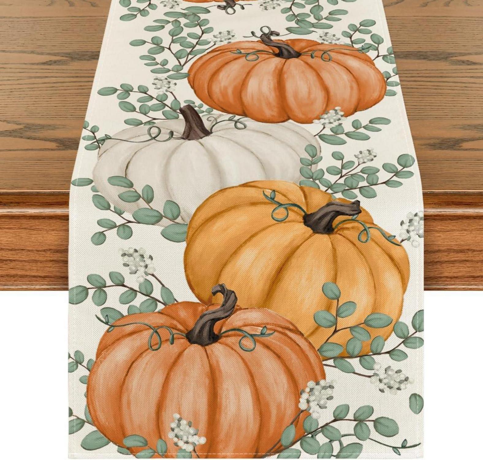 Herbst Tischläufer Orange Kürbisse Eukalyptus 40x240 cm
