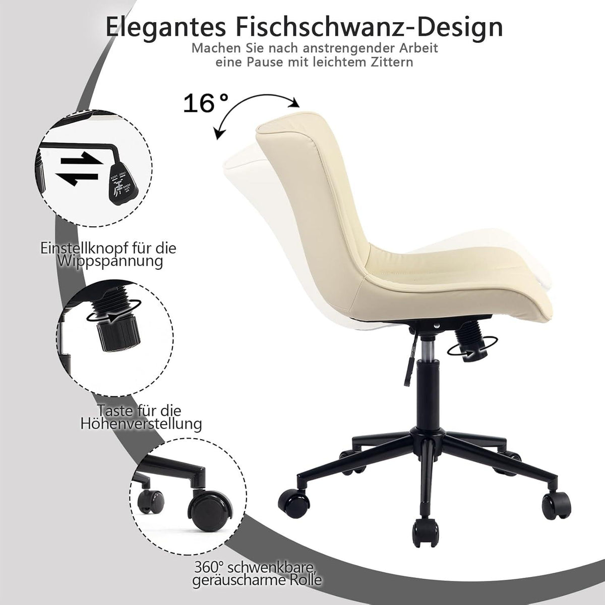 Ergonomischer Bürostuhl Fischschwanz Design Rollen Höhenverstellbar Beige