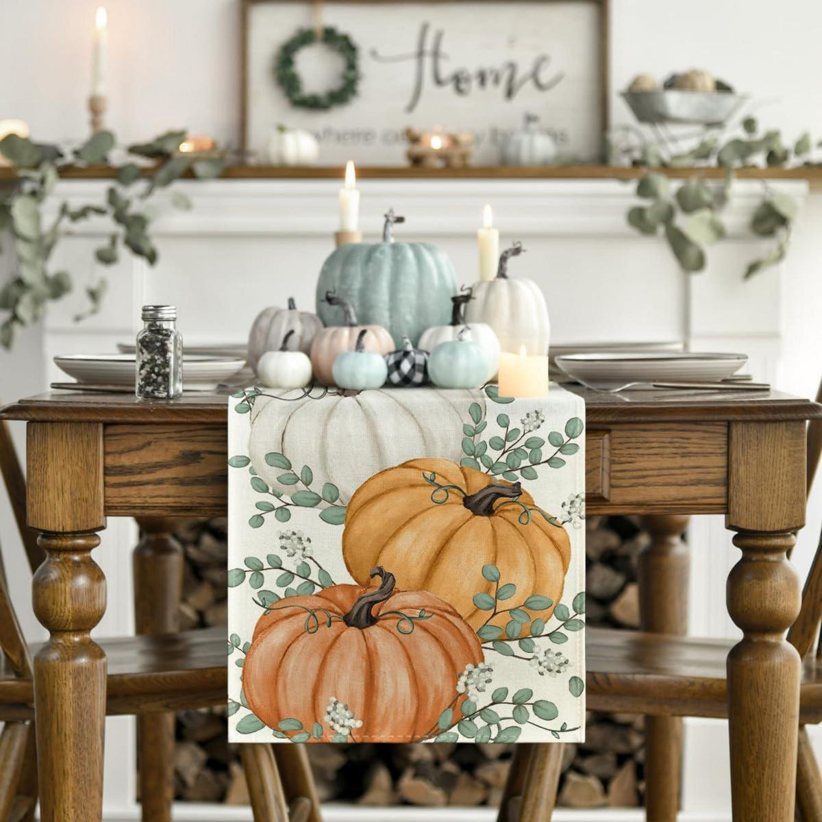 Herbst Tischläufer Orange Kürbisse Eukalyptus 40x100